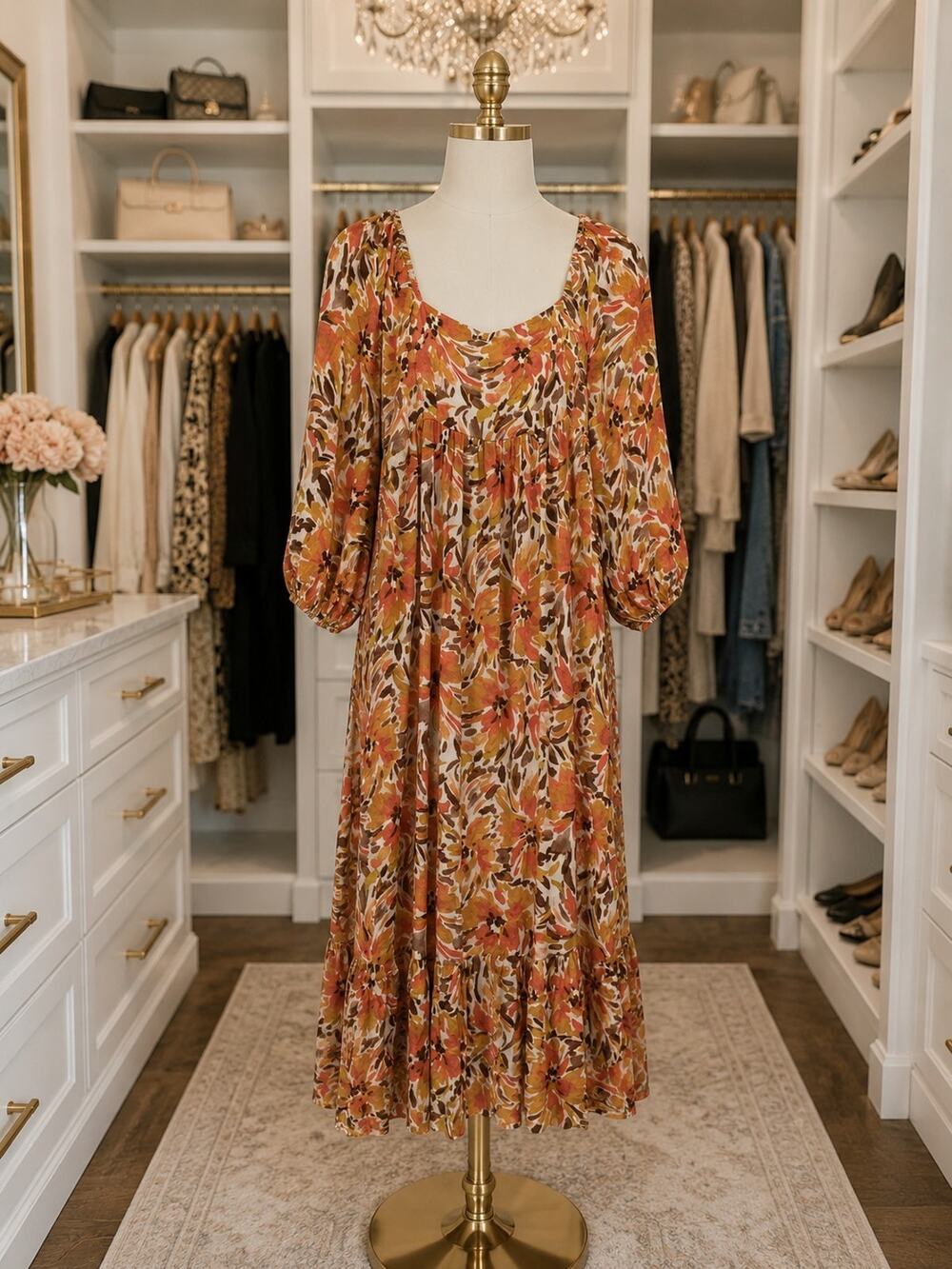 NWT Shop Neighbor Floral Maxi Dress Puff Sleeve Fit & Flare Orange Brown Cream M